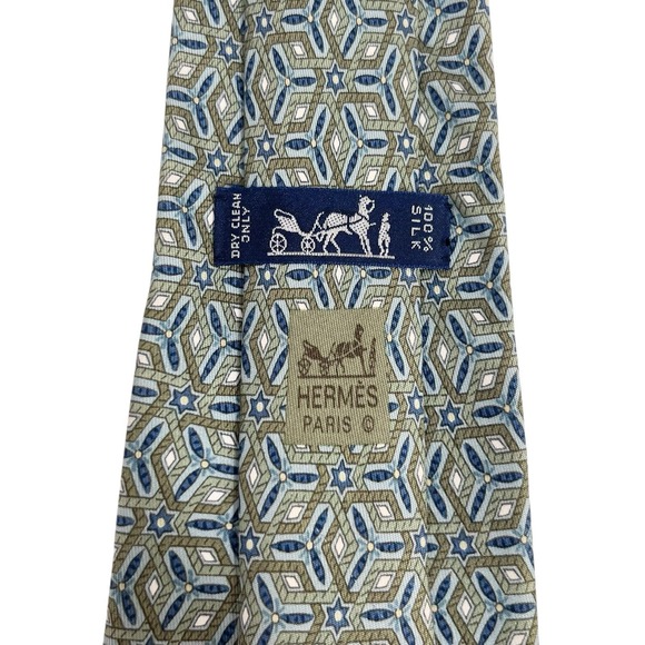 Hermes Men's Tie Geometric Star Kaleidoscope Green/Navy Silk 7662 TA 3.5 x 59